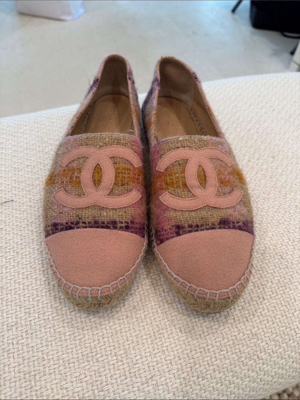 CHANEL Pink and Beige Tweed Espadrille Flats - Size 42